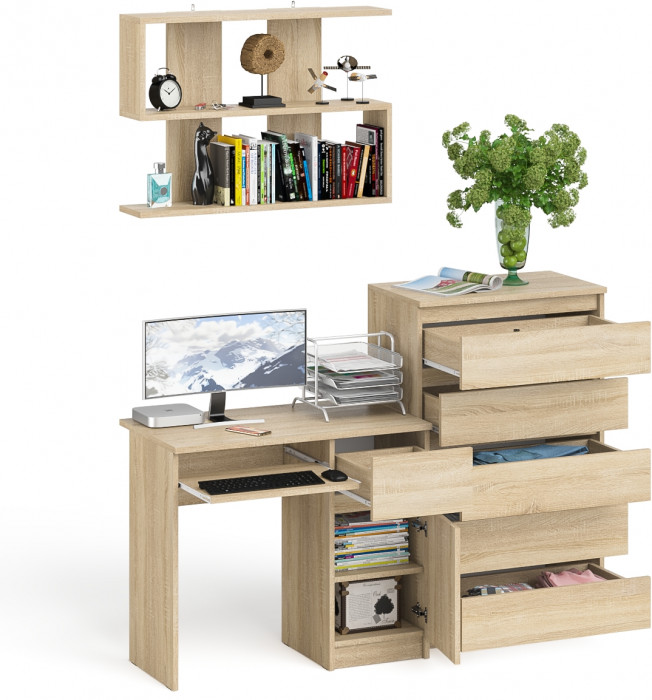 Мори компьютерный стол МС-1 правый + Комод МК700.5 + Полка 900, дуб сонома
