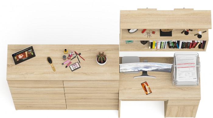 Мори Стол компьютерный МС-1 правый + Комод МК1200.10 + Полка 900, цвет дуб сонома, ШхГхВ 210,4х50х209,6 см., НЕ универсальная сборка