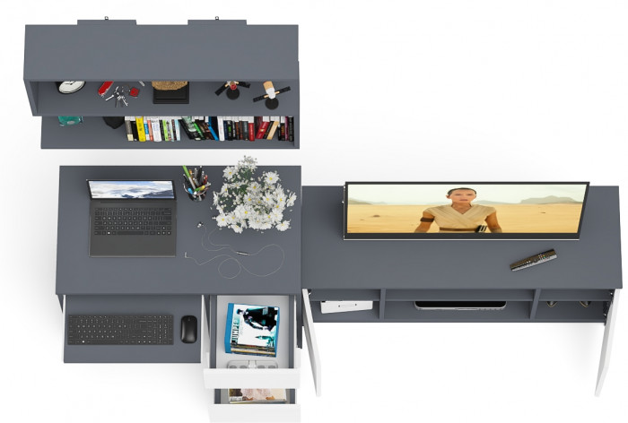 Мори компьютерный стол МС-6 правый + Тумба МТВ1200.1 + Полка 900, графит/белый