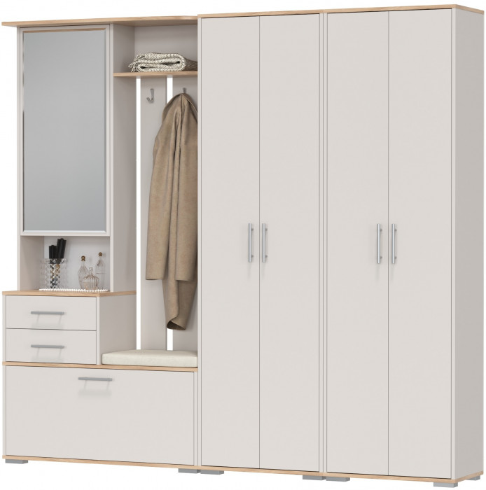 Прихожая Домино 4, цвет дуб крафт золотой/кашемир серый, ШхГхВ 220х36х202 см., универсальная сборка