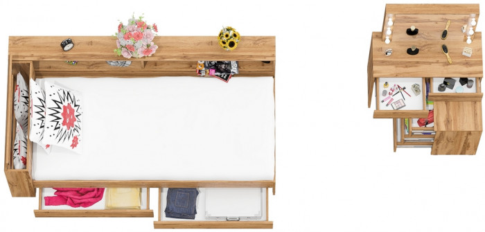 Ксения Кровать с ящиками 0900 + прикроватный блок + Столик с подсветкой 110, дуб вотан