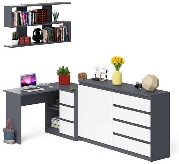 Мори компьютерный стол МС-16 правый + Комод МК1600.1 + Полка 1200, графит/белый