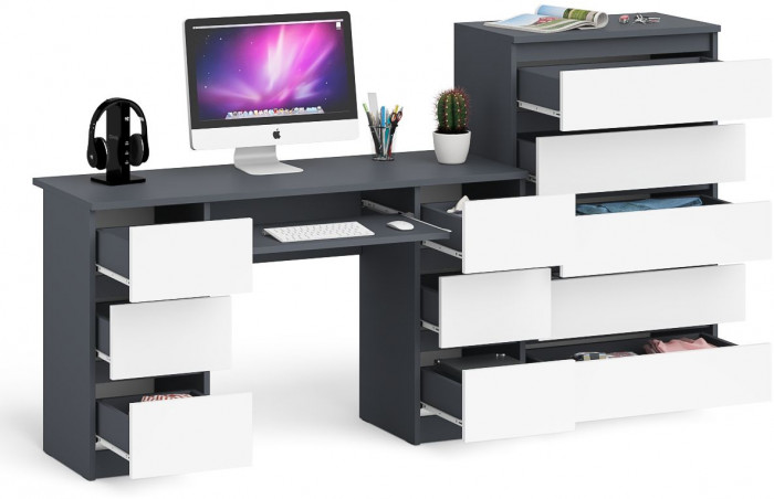 Мори компьютерный стол МС-2 + Комод МК700.5, графит/белый