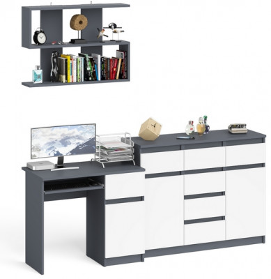 Мори Стол компьютерный МС-1 правый + Комод МК1200.4 + Полка 900, цвет графит/белый, ШхГхВ 210,4х50х209,6 см., НЕ универсальная сборка