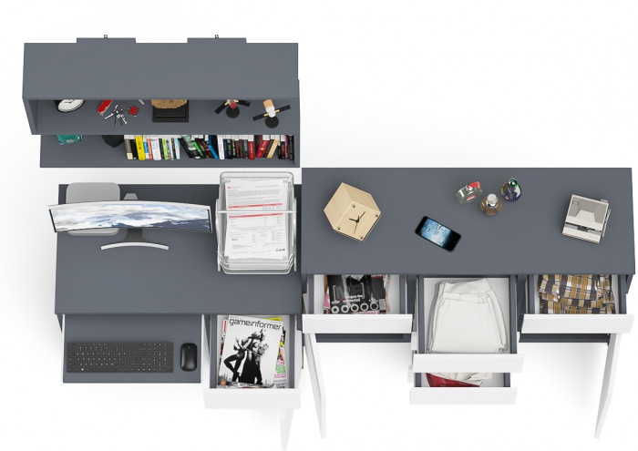 Мори Стол компьютерный МС-1 правый + Комод МК1200.4 + Полка 900, цвет графит/белый, ШхГхВ 210,4х50х209,6 см., НЕ универсальная сборка