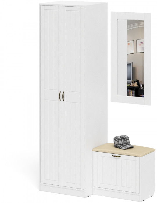 Прихожая П-6 Компоновка № 11, белая шагрень/фасады МДФ белое дерево фрезеровка прованс