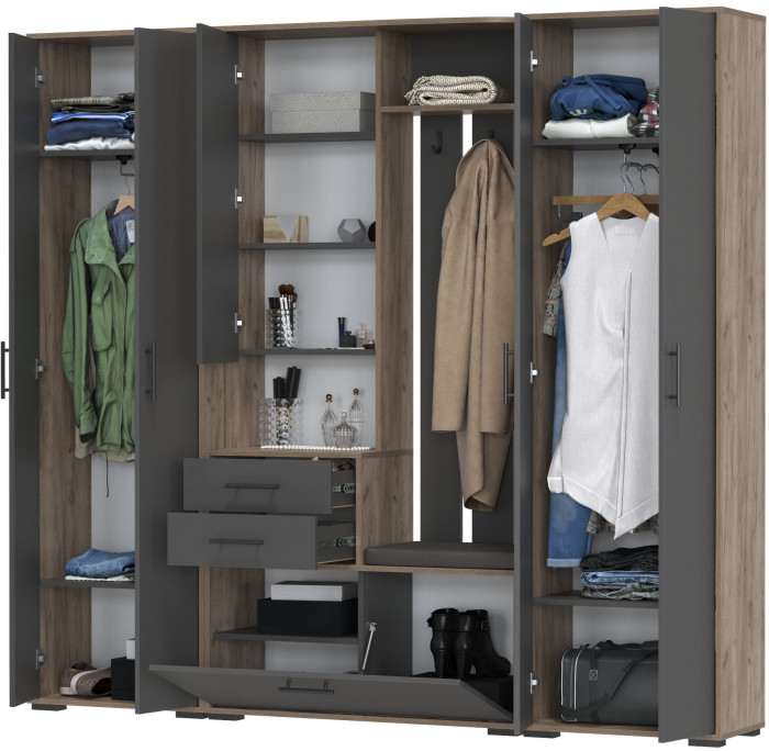 Прихожая Домино 4, цвет дуб крафт табачный/графит, ШхГхВ 220х36х202 см., универсальная сборка