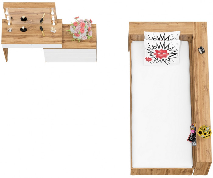 Ксения Кровать с ящиками 0900 + прикроватный блок + Столик с подсветкой 110, дуб вотан/белый