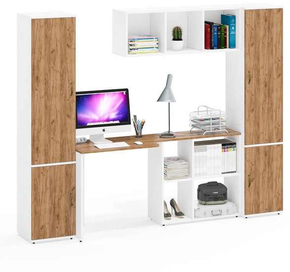 Лидер-8 Пенал МД 22Б + Стол + Полка + Пенал 21Б, цвет белый шагрень/крафт золото, ШхГхВ 245х50х75/190 или 155х120/50х75/190 см., НЕ универс. сборка