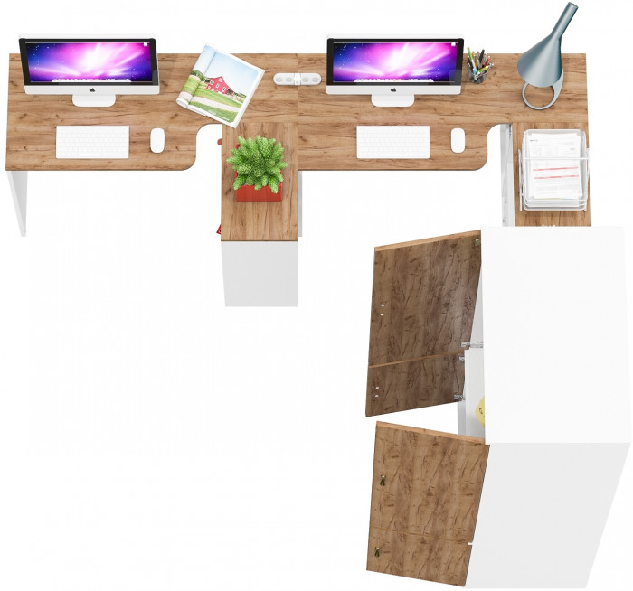 Лидер-8 Стол + Стол + Шкаф МД 19Б + Тумба МД 3.19, цвет белый шагрень/крафт золото, ШхГхВ 450х50х75/190 или 230х200/50х75/190 см., НЕ ун. сб.