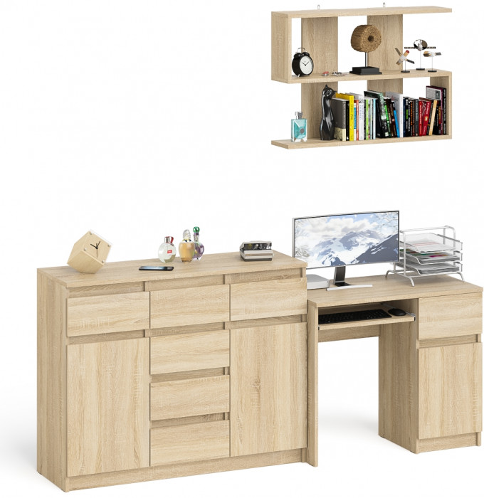 Мори Стол компьютерный МС-1 правый + Комод МК1200.4 + Полка 900, цвет дуб сонома, ШхГхВ 210,4х50х209,6 см., НЕ универсальная сборка