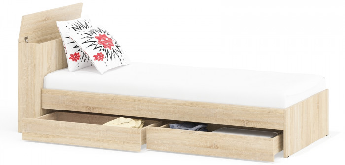 Ксения Кровать с ящиками 0900, цвет дуб сонома, ШхГхВ 96,4х221,6х72 см., сп.м. 900х2000 мм., без матраса, основание есть, универсальная сборка