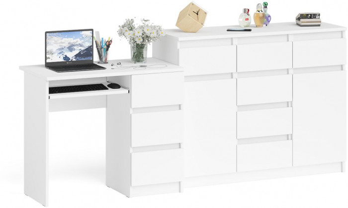 Мори Стол компьютерный МС-6 правый + Комод МК1200.4, цвет белый, ШхГхВ 210,4х50х94 см., выдвижные ящики справа, НЕ универсальная сборка