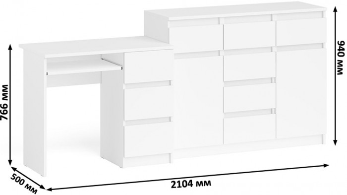 Мори Стол компьютерный МС-6 правый + Комод МК1200.4, цвет белый, ШхГхВ 210,4х50х94 см., выдвижные ящики справа, НЕ универсальная сборка