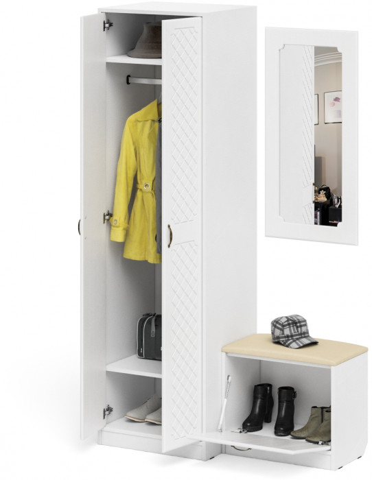 Прихожая П-6 Компоновка № 11, белая шагрень/фасады МДФ белое дерево фрезеровка ромб