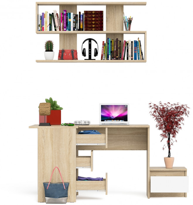 Мори компьютерный стол МС-16 левый + Тумба ТМП400.1 + Полка 1200, дуб сонома/белый