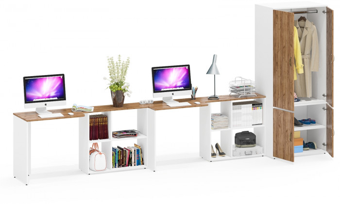 Лидер-8 Стол + Стол + Шкаф МД 19Б, цвет белый шагрень/крафт золото, ШхГхВ 410х50х75/190 или 230х160/50х75/190 см., НЕ универсальная сборка