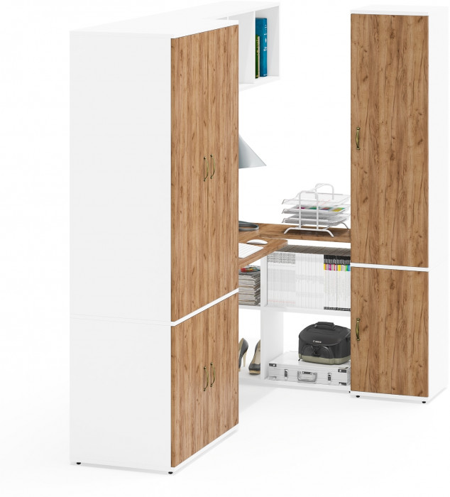 Лидер-8 Шкаф МД 19Б + Стол + Полка + Пенал 22Б, цвет белый шагрень/крафт золото, ШхГхВ 285х50/37,5х75/190 или 195х120х75/190 см., НЕ ун.сб.