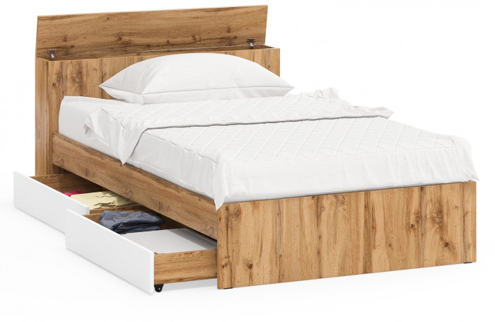 Ксения Кровать с ящиками 1200, цвет дуб вотан/белый, ШхГхВ 126,4х221,6х72 см., сп.м. 1200х2000 мм., без матраса, основание есть, ун. сб.