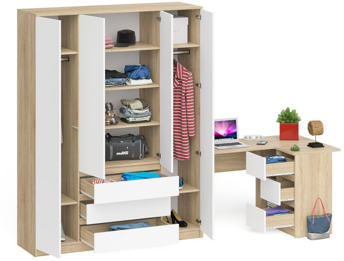 Мори Стол компьютерный МС-16 правый + Шкаф МШ1600.1, цвет дуб сонома/белый, ШхГхВ 284,8х84,9х209,6 см., выдвижные ящики справа, НЕ универс. сборка