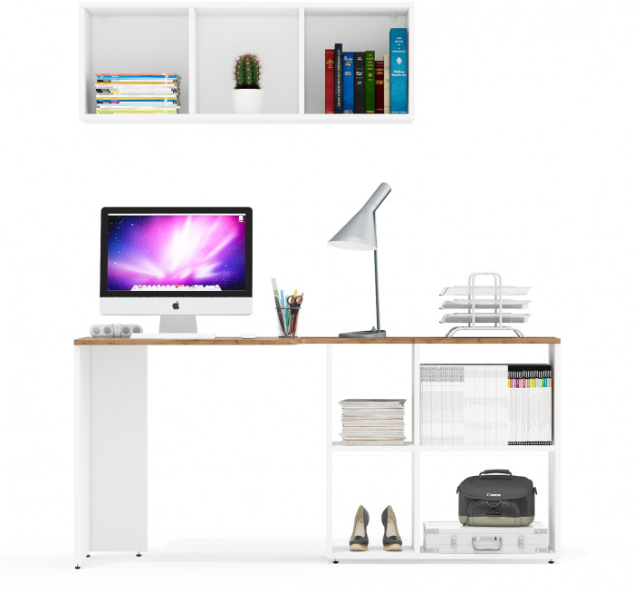 Лидер-8 Стол + Полка, белый шагрень/крафт золото