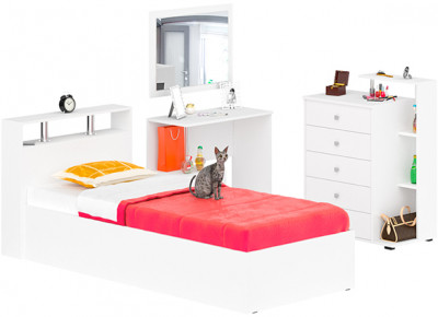 Камелия спальня № 7 Кровать 900 + Стол косметический + Зеркало + Комод, цвет белый, сп.м. 900х2000 мм., б/м, основание есть