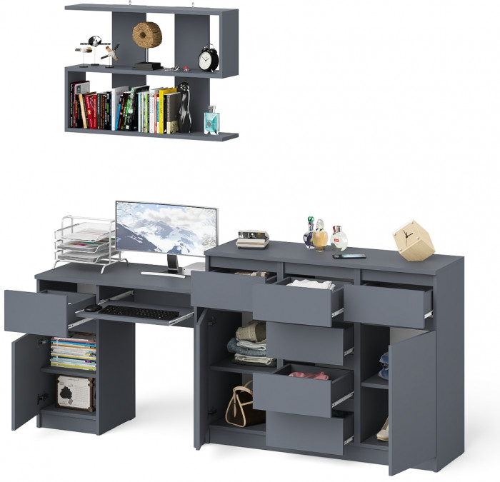Мори Стол компьютерный МС-1 левый + Комод МК1200.4 + Полка 900, цвет графит, ШхГхВ 210,4х50х209,6 см., НЕ универсальная сборка
