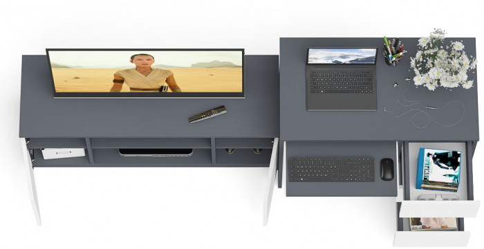 Мори компьютерный стол МС-6 правый + Тумба МТВ1200.1, графит/белый