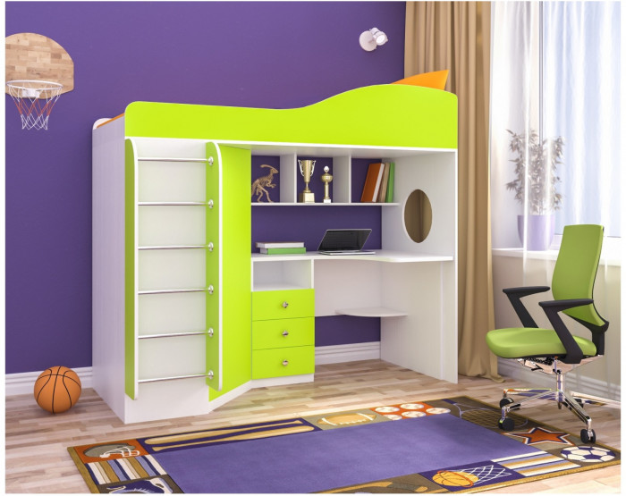 Кровать-чердак Кадет 1 с металлической лестницей (Белое дерево/Лайм)