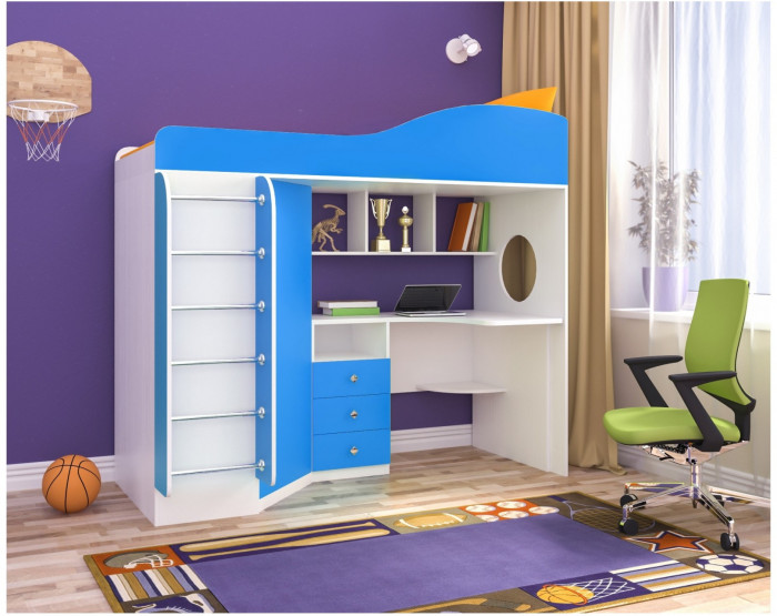 Кровать-чердак Кадет 1 с металлической лестницей (Белое дерево/Лайм)