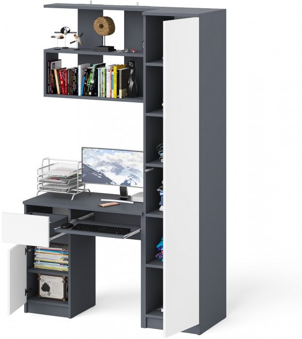 Мори Стол компьютерный МС-1 левый + Пенал МШ400.1 + Полка 900, цвет графит/белый, ШхГхВ 130,4х50,4х209,6 см., НЕ универсальная сборка
