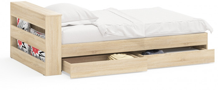 Ксения Кровать с ящиками 1200, цвет дуб сонома, ШхГхВ 126,4х221,6х72 см., сп.м. 1200х2000 мм., без матраса, основание есть, универсальная сборка
