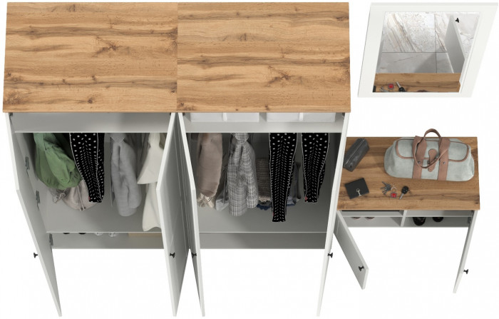 Остин Прихожая 30, цвет белый шагрень/дуб крафт золотой, ШхГхВ 240х54,3х229,6 см., универсальная сборка