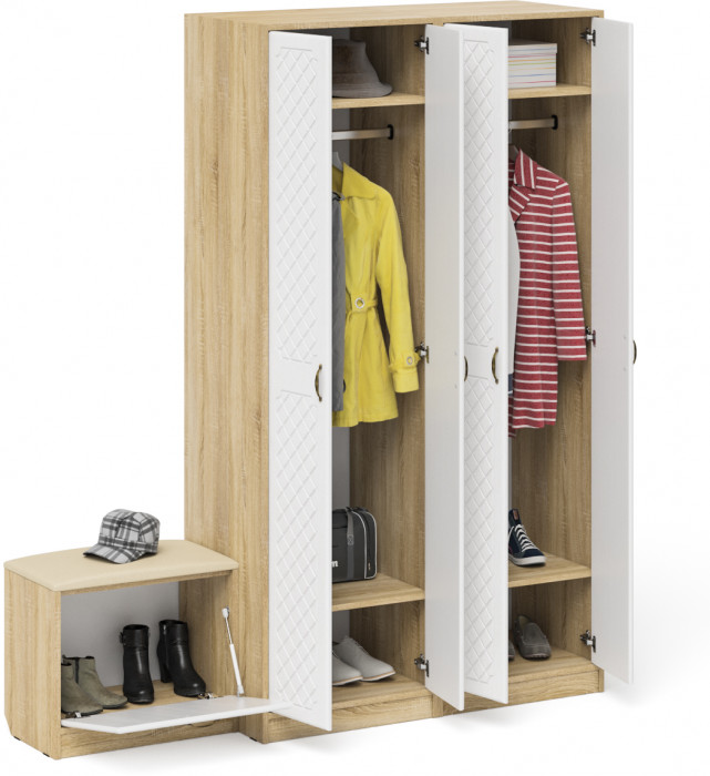 Прихожая П-6 Компоновка № 07, цвет дуб сонома/фасады МДФ белое дерево фрезеровка ромб, ШхГхВ 180х50х210 см., универсальная сборка