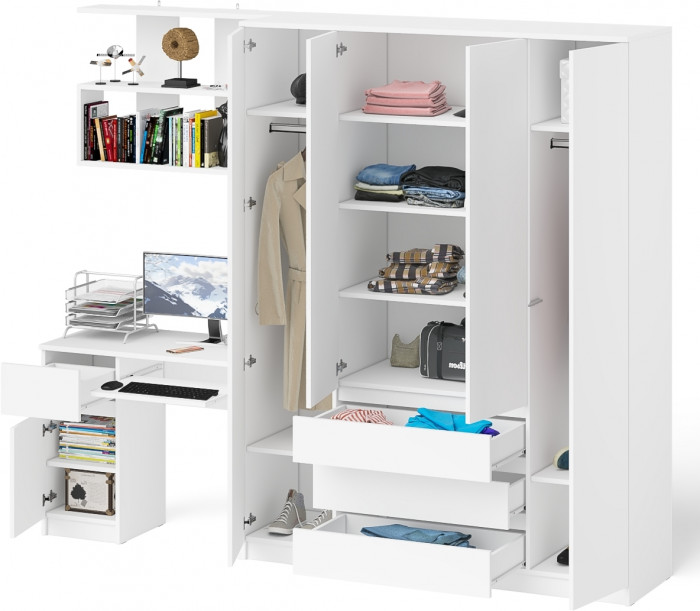 Мори компьютерный стол МС-1 левый + Шкаф МШ1600.1 + Полка 900, белый