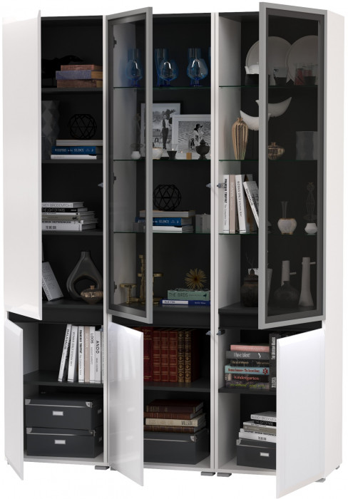 Сидней 13.201 Шкаф-витрина 2 штуки + Шкаф 13.200, корпус: белый/чёрный/фасады: МДФ белый глянец/стекло