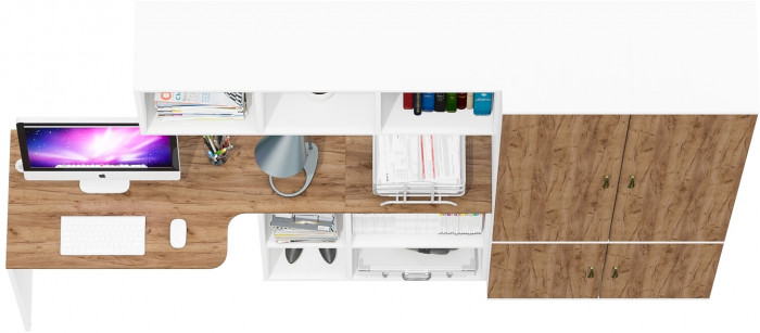Лидер-8 Стол + Полка + Пенал МД 21Б + Пенал МД 21Б, цвет белый шагрень/крафт золото, ШхГхВ 245х50/37,5х75/190 или 115х160/50х75/190 см., НЕ ун. сб.