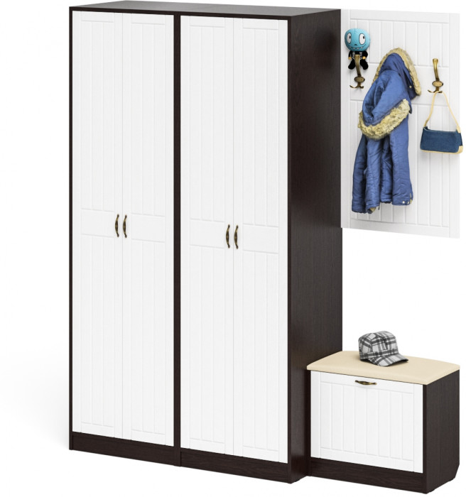 Прихожая П-6 Компоновка № 09, цвет венге/фасады МДФ белое дерево фрезеровка прованс, ШхГхВ 180х50х210 см., универсальная сборка