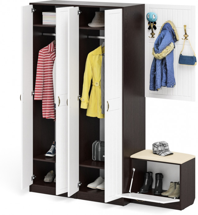 Прихожая П-6 Компоновка № 09, цвет венге/фасады МДФ белое дерево фрезеровка прованс, ШхГхВ 180х50х210 см., универсальная сборка