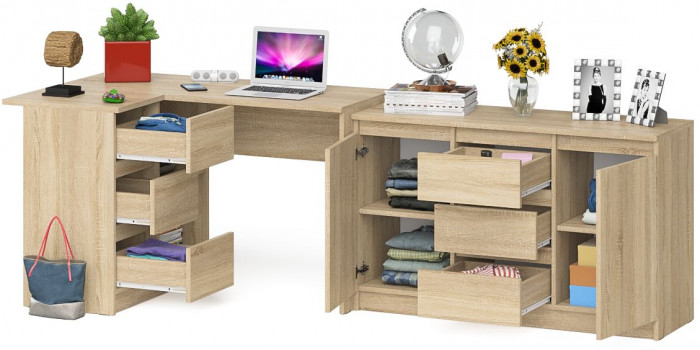 Мори Стол компьютерный МС-16 левый + Комод МК1200.3, цвет дуб сонома, ШхГхВ 244,8х84,9х76,6 см., выдвижные ящики слева, НЕ универсальная сборка