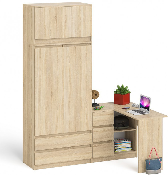 Мори Стол компьютерный МС-16 левый + Шкаф МШ900.1 + Антресоль МА900.1, цвет дуб сонома, ШхГхВ 214,8х84,9х234,2 см., выдвиж. ящики слева, НЕ ун. сб.