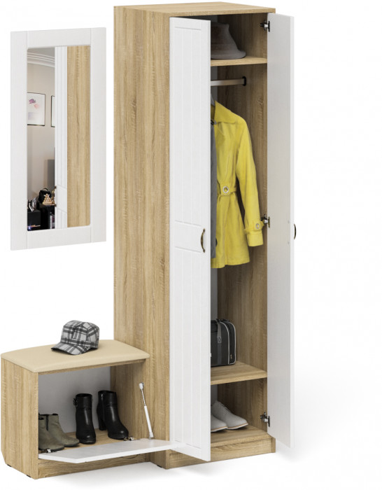 Прихожая П-6 Компоновка № 11, дуб сонома/фасады МДФ белое дерево фрезеровка прованс