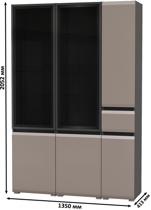 Сидней 13.201 Шкаф-витрина 2 штуки + Шкаф с ящиком 13.202, корпус: антрацит/фасады: МДФ веллюто капучино/стекло