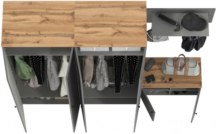 Остин Прихожая 31, цвет серый графит/дуб крафт золотой, ШхГхВ 240х54,3х229,6 см., универсальная сборка