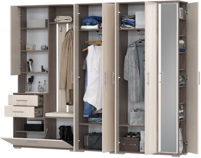 Прихожая Домино 6, цвет бодега тёмный/бодега светлый, ШхГхВ 248х36х202 см., универсальная сборка