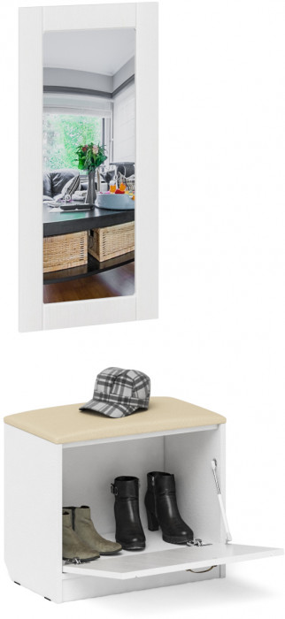 Прихожая П-6 Тумба + Зеркало, цвет белая шагрень/фасады МДФ белое дерево фрезеровка прованс, ШхГхВ 60х35х200 см.