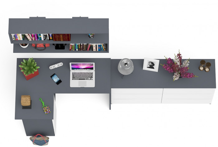 Мори компьютерный стол МС-16 левый + Комод МК1380.6 + Полка 1200, графит/белый