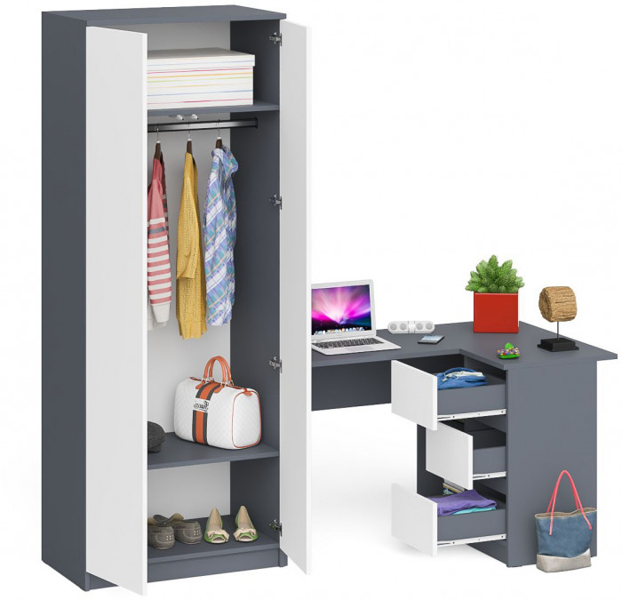 Мори компьютерный стол МС-16 правый + Шкаф МШ800.1, графит/белый