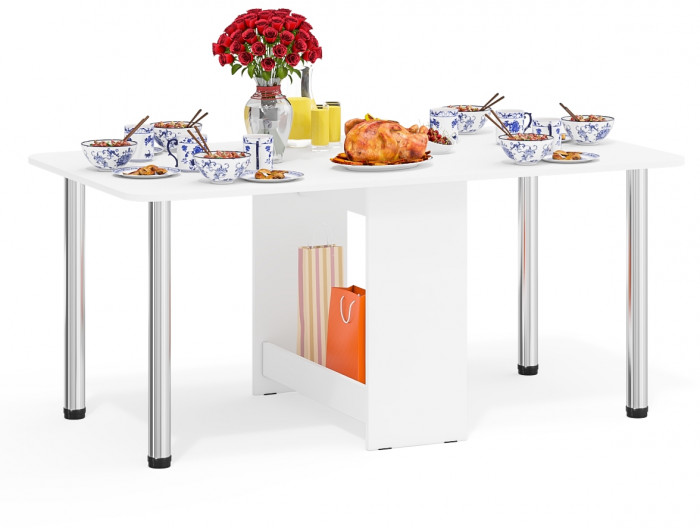 Стол-книжка обеденный МД-СО-04, цвет белый шагрень/ножки хром, ШхГхВ 170х90х74 см., 34х90х74 см. сложенный (Мебельный Двор)