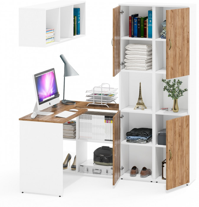 Лидер-8 Стол + Полка + Пенал + Пенал, цвет белый шагрень/крафт золото, ШхГхВ 245х50/30х75/190 или 160х115/30х75/190 см., НЕ универсальная сборка